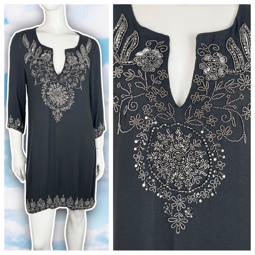 STUDIO F Beaded Sequin Embellished Swim Cover Up Caftan Dress Boho Floral Luxe
